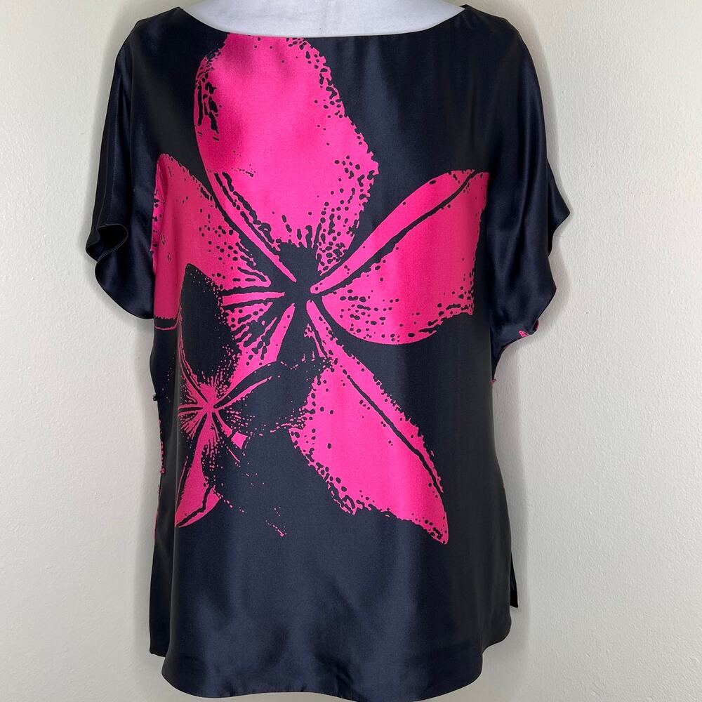 Roberto Verino 100% Silk Top 10 Black Pink Floral Boat Neck Chic Designer Blouse